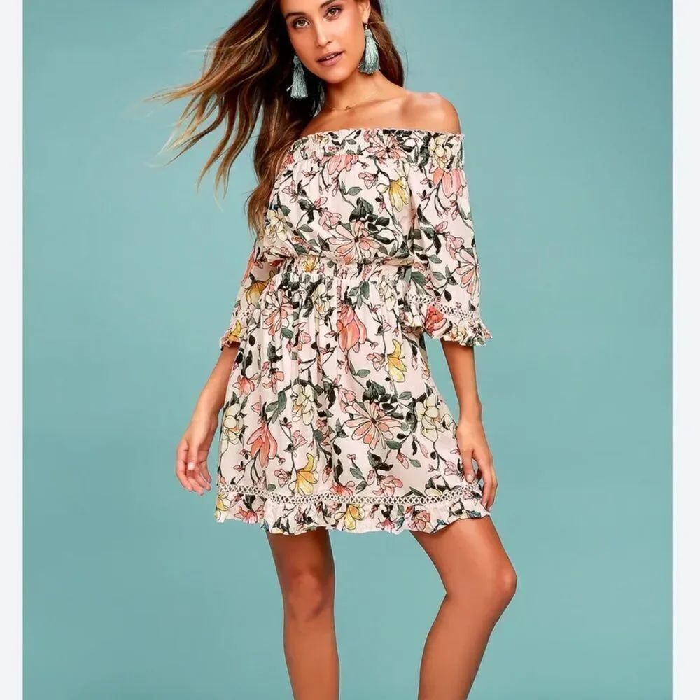 Lulus Hello Darling Blush Pink Floral Print Off-the-Shoulder Dress Womens Medium